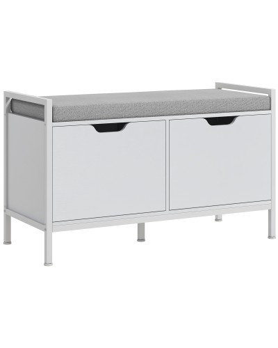 Shoe Rack Bench with 2 Cabinets and Cushion, Linen-Look Fabric, Wood and Steel, 84x35x50 cm, White