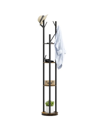 Industrial Style Swivel Coat Rack with 8 Hooks and 4 Shelves, Ø30x175cm, Brown