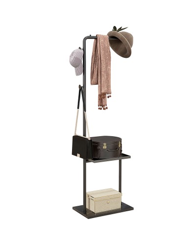  Appendiabiti da Terra a C con 3 Ganci, Barra e Vassoio Inferiore, Base in Pietra e Piedini Antiscivolo, Nero