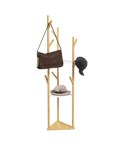 Bamboo Coat Rack Stand with 9 Hooks and 3 Shelves, Natural Wood and White