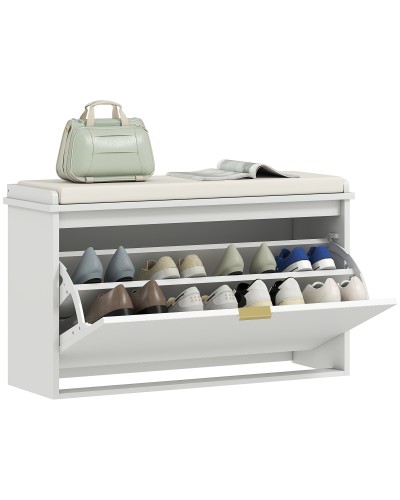 Shoe Bench with Inner Shelf, Wood and Linen-Look Fabric, 80x26x47.5 cm, White and Beige