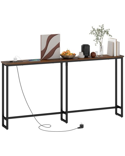 Industrial Style Console Table with Charging Station, Wood and Steel, 160x20x80 cm, Brown