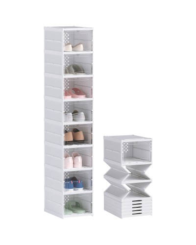 Shoe Organizer with 8 Stackable and Foldable Shoe Boxes with Transparent Panel, White