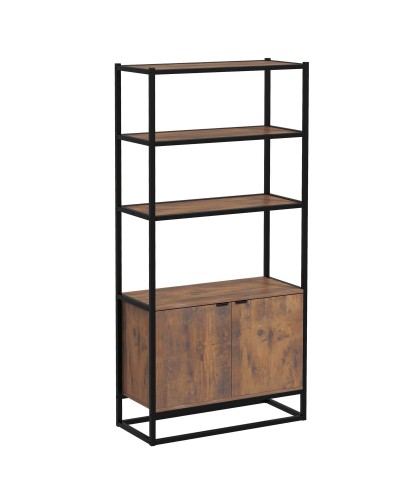 Scaffale Libreria in Stile Vintage con 3 Ripiani, 1 Armadietto in Legno e Telaio in Metallo Nero 76x33x162.5cm