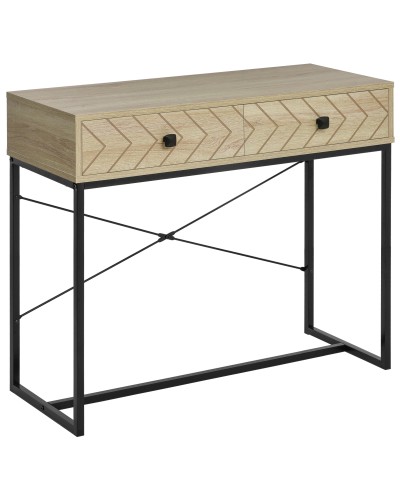Vintage Wood and Black Metal Console Table for Contemporary Entryway, 2 Drawers 90x35x76cm
