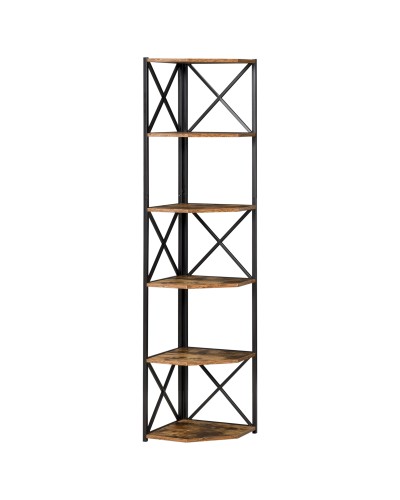 Corner Wall Shelf, Industrial Style Wood and Metal Bookshelf with 5 Shelves, 39x39x175cm, Rustic Brown