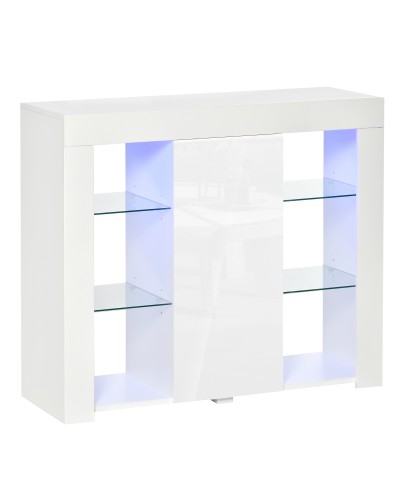 Modern Single-Door Sideboard with LED Lights and Glass Shelves, Multi-Purpose Wooden Cabinet with Glossy Finish, 97x35x83cm, White