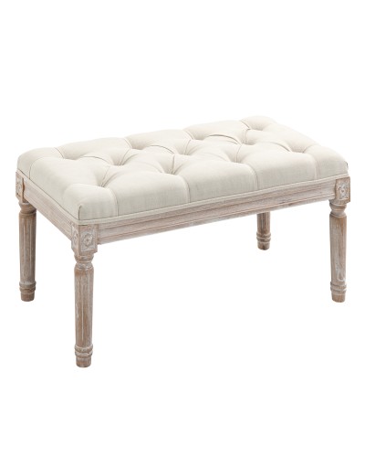 Upholstered Bed End Bench with Linen Look Fabric and Wooden Legs, 80x40x41cm, Beige