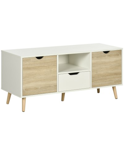  Mobile TV Moderno max 50" in Truciolato con Cassetti, Ripiani Aperti e Armadietti, 110x40x50 cm, Bianco e Colore Legno