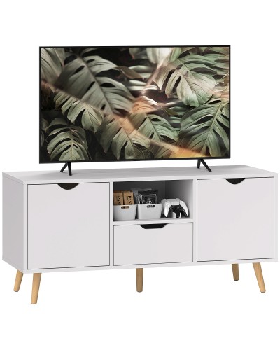  Mobile Porta TV max 50" con Cassetto, Ripiano Aperto e Armadietti, 110x40x50 cm, Bianco e Legno