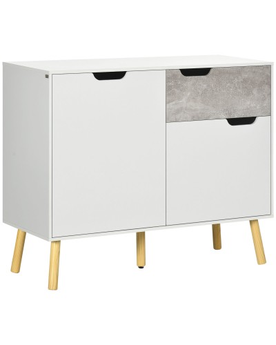 Living Room Cabinet with 2 Double-Door Cupboards and Drawer in Chipboard and Pine, 98x39x81.5 cm, Grey and White