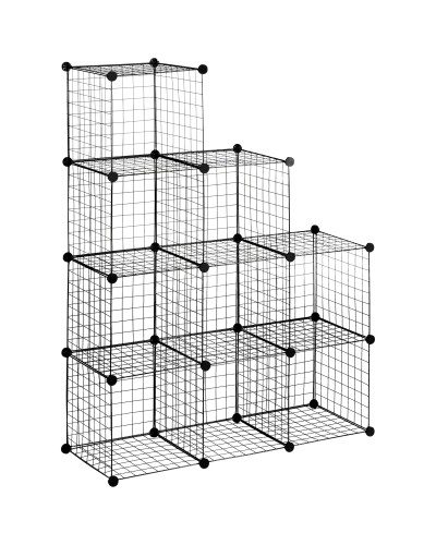  Mobile Libreria Salvaspazio, 9 Cubi in Rete con Pannelli in Acciaio e PP, 35x35x35 cm, Nero