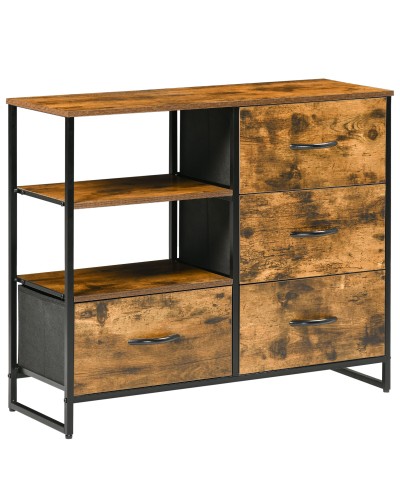  Cassettiera in Stile Industriale con 4 Cassetti in Tessuto Pieghevole e 2 Ripiani Aperti, 84x30x71.5 cm, Marrone
