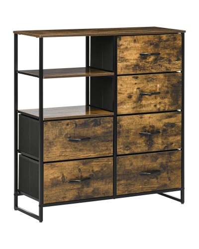 6-Drawer Fabric Dresser, Industrial Style Steel and Wood, 84x30x92cm, Rustic Brown