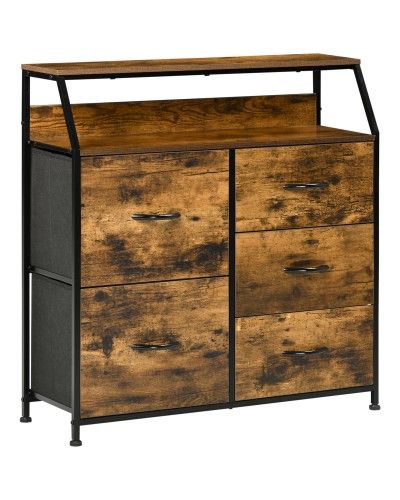 Mobile Chest of Drawers with 5 Foldable Fabric Drawers, Industrial Style, 83.5x29x87cm, Brown