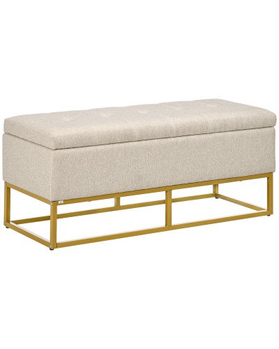 Beige Quilted Polyester Storage Bench with Gold Steel Legs, 110x44x48cm