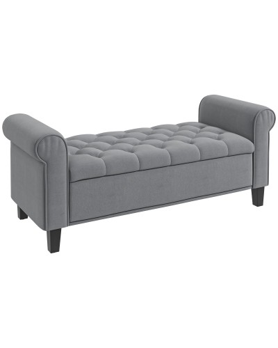 Velvet Fabric Bed Bench with Storage and Armrests, 126x48.5x57 cm, Grey