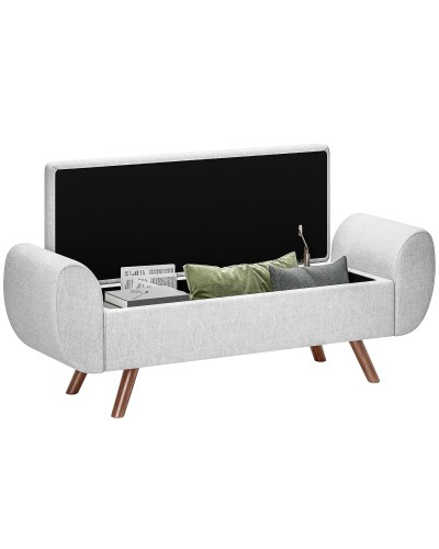 Fabric Upholstered Bed End Storage Bench with Armrests, Wooden Legs and 53.8L Storage Space, 132x42x50 cm, Grey