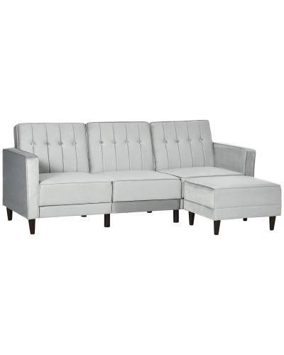  Divano Letto 3 Posti con Poggiapiedi e Schienale Reclinabile, Rivestimento Velluto e Seduta Imbottita, 218x85x86 cm, Grigio Chi