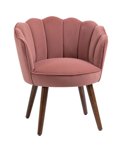 Upholstered Shell Back Armchair with Wooden Legs, Velvet Accent Chair for Living Room and Bedroom, 66x66x78.5cm, Pink