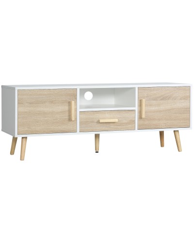 Low TV Stand for up to 46" TVs with Open Shelf, Drawer and 2 Cabinets, Chipboard and Pine, 140x40x55.3 cm