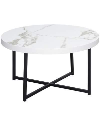 Round Coffee Table with Marble Effect MDF Top and Metal Legs, Φ80x45 cm, White