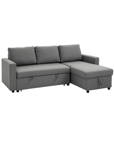 3-Seater Sofa Bed with Storage Chaise Lounge, Linen-Look Fabric Upholstery, 211.5x146x85cm