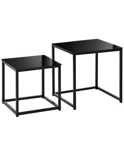  Set 2 Tavolini da Salotto Quadrati  Moderni, in Acciaio e Vetro Temperato, Nero