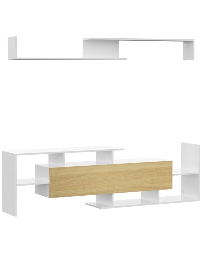 Mobile TV with Wall Shelf, Open Shelves and Wooden Cabinet, White and Natural Wood