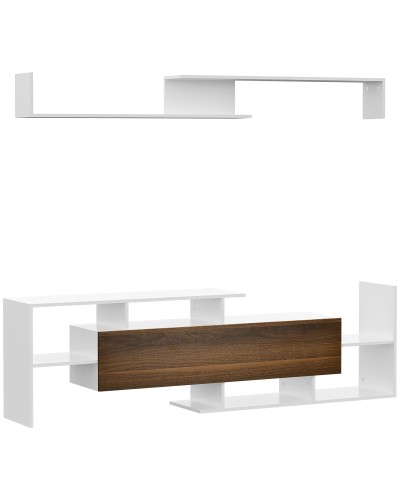 Mobile TV with Wall Shelf, Open Shelves and Closed Cabinet, in White and Brown Chipboard