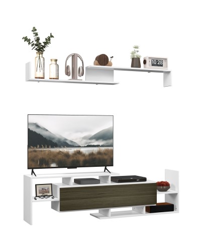  Mobile TV con Mensola a Muro, Ripiani Aperti e Armadietto in Legno, Bianco e Nero