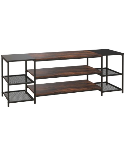 Modern Mobile TV Stand for TVs up to 60" with 6 Open Shelves, Steel and Chipboard, 140x40x50 cm, Brown and Black