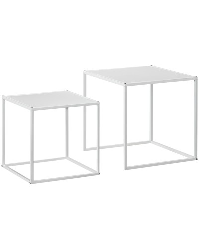  Set 2 Tavolini da Caffè Impilabili Quadrati in Acciaio, Bianco