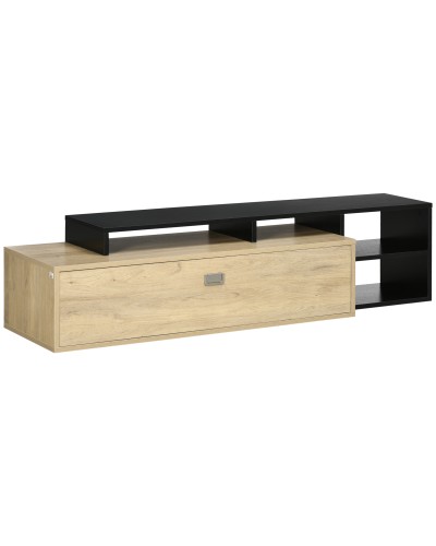  Mobile TV 32"-65" con Ripiano Rimovibile e Armadietto con Anta Ribaltabile in MDF, 163x40x38 cm, color Legno e Nero