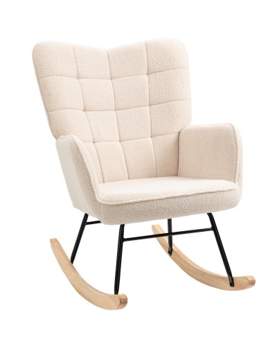  Poltrona a Dondolo Imbottita in Legno e Acciaio per Soggiorno e Camera da Letto, 71x98x101 cm, Beige