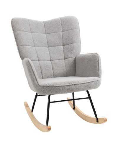  Poltrona a Dondolo Imbottita in Legno e Acciaio con Rivestimento Bouclé, 71x98x101 cm, Grigio