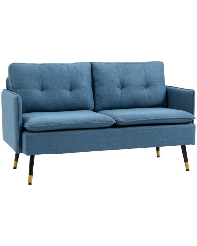  Divano 2 Posti in Tessuto con Cuscini Imbottiti e Gambe in Acciaio 139x68x80cm, Blu Scuro