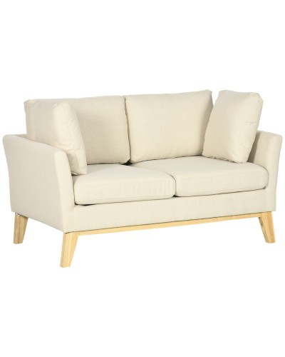 2-Seater Eucalyptus Wood and Linen-Look Fabric Sofa with 2 Cushions, 137x78x78 cm, Beige