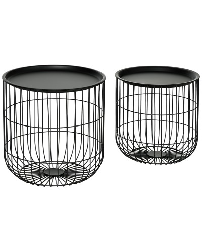 Set of 2 Round Stackable Steel Nesting Coffee Tables with Storage Compartment, Black