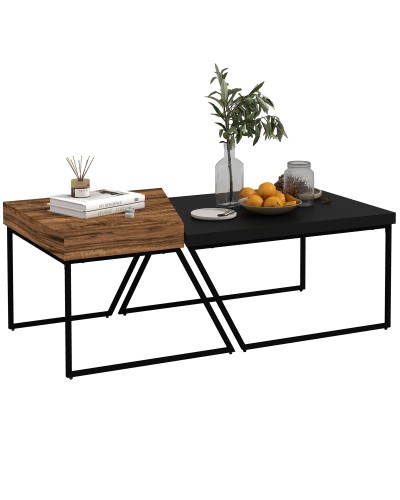 Chipboard and Steel Coffee Table Set, Black Table 80x60x42 cm and Brown Table 60x60x46 cm