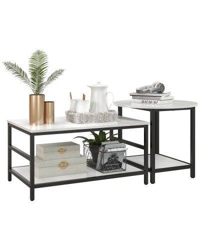 Set of 2 Two-Tier Coffee Tables in Chipboard and Steel with Marble Effect Top, Black and White