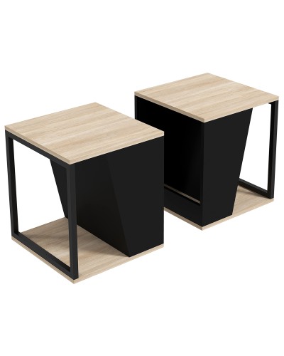 Set of 2 Coffee Tables with Storage Compartment, Chipboard and Steel, 40x40x45cm, Black and Oak