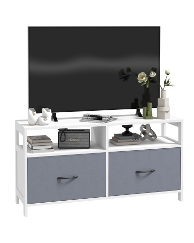  Mobile TV 45" max in MDF e Tessuto non Tessuto con 2 Cassetti e 2 Ripiani, 100x30x53 cm, Bianco e Grigio