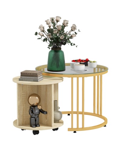  Set 2 Tavolini da Salotto Rotondi con Design Impilabile, 4 Ripiani Inferiori e 4 Ruote, Oro e Rovere