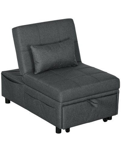 3-in-1 Single Sofa Bed, 3-Level Recliner with Pillow, Linen-Look Fabric, 65.5x104x81 cm, Grey