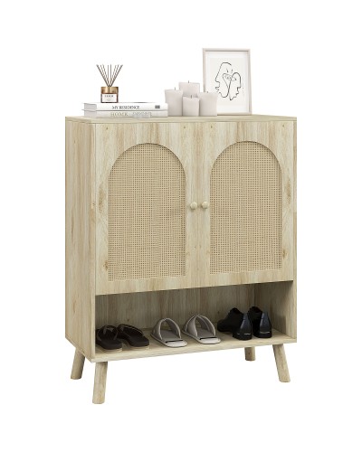 Boho Style Multifunctional Cabinet with Rattan Doors and Open Shelf, 80x38x100cm, Oak
