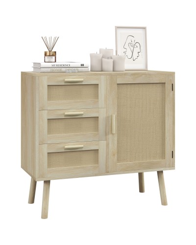  Mobile Multiuso Stile Boho con Armadietto e 3 Cassetti in Legno e Rattan, 80x36x75cm, Rovere