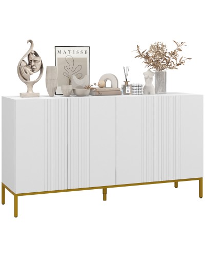  Credenza Moderna a 4 Ante con Chiusura Ammortizzata e Mensole Regolabili, 140x40x75cm, Bianco e Oro