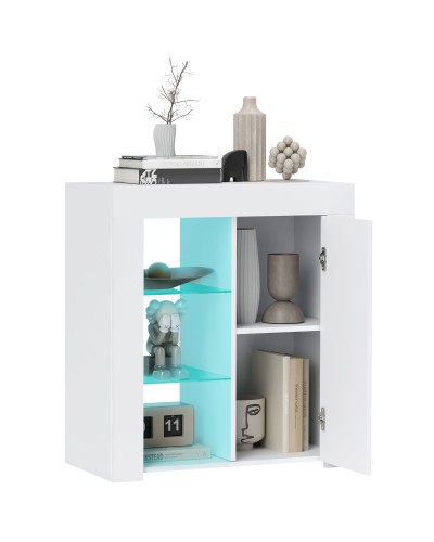  Mobile Contenitore a LED con 3 Ripiani Aperti e Armadietto a 2 Livelli, in Legno e Vetro, 75x40.1x83 cm, Bianco