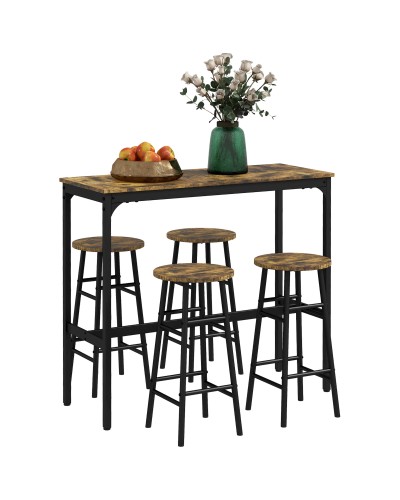 5-Piece Table and Chair Set with 4 Footrest Stools and Rectangular Table, Black and Brown
